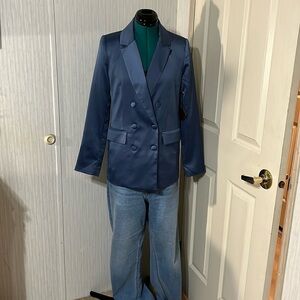 Forever 21 Party Collection Satin Feel Blazer Women's Steel Blue (140T)